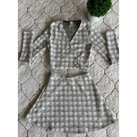 DAIMARAN Jordania Suit Matching Set 2 Pieces Plaid Gray Jacket + Mini Skirt M - Picture 4 of 4